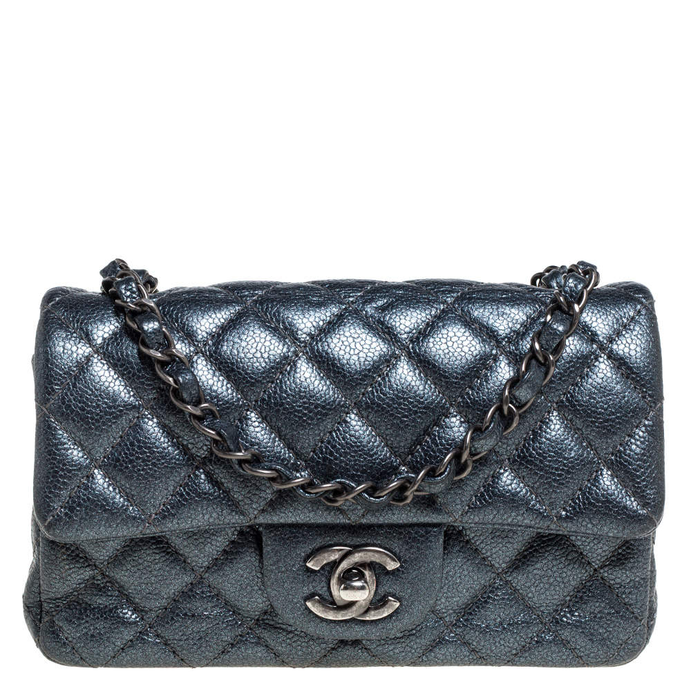 Pre Owned Chanel Metallic Dark Blue Quilted Leather New Mini Classic Single Flap Bag