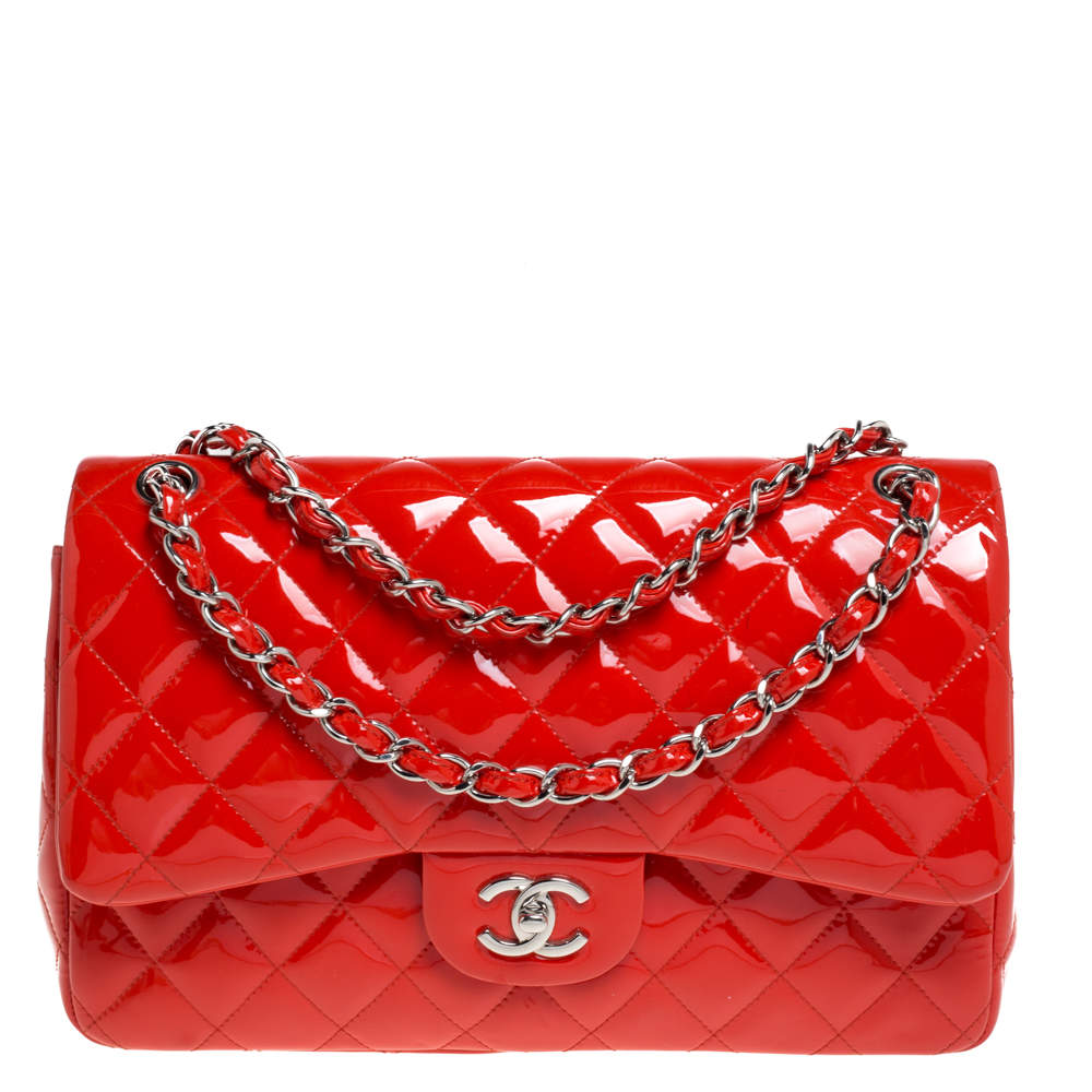 Chanel Orange Quilted Patent Leather Jumbo Classic Double Flap Bag ...