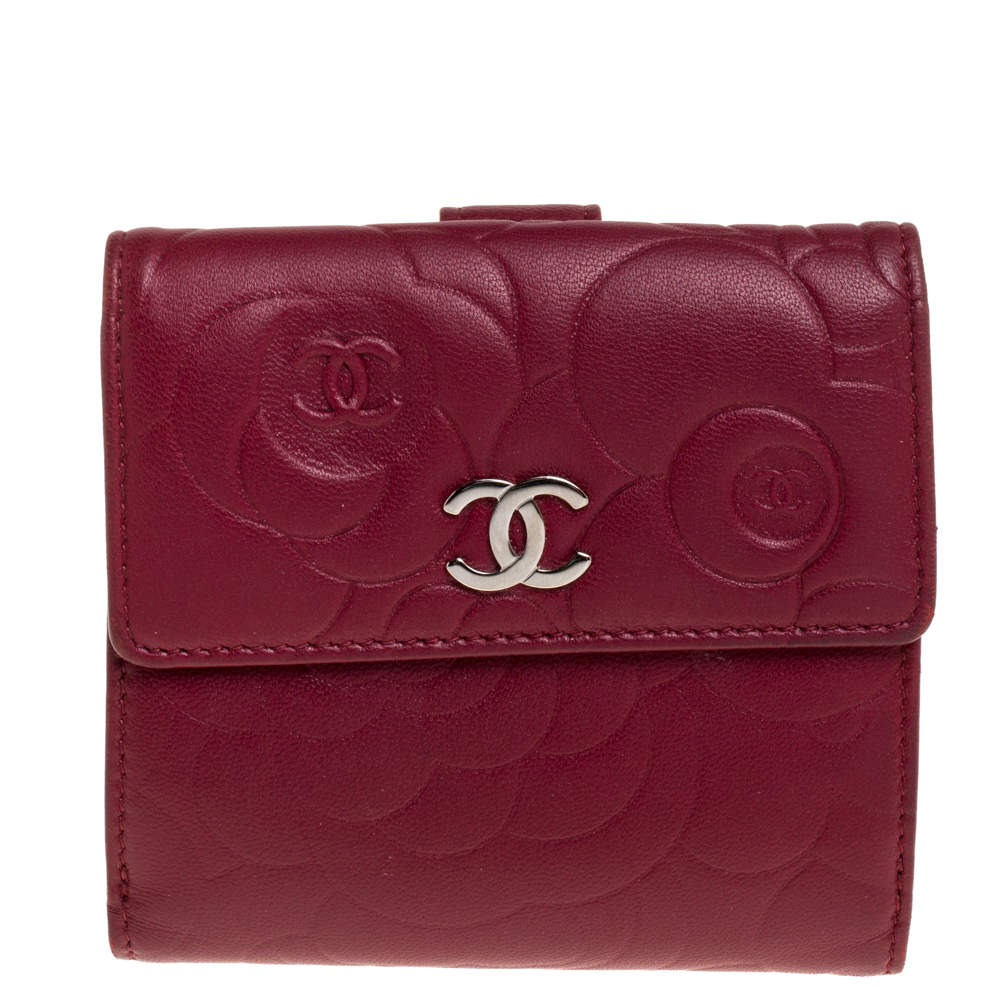 Chanel Red Leather Camellia Embossed French Wallet