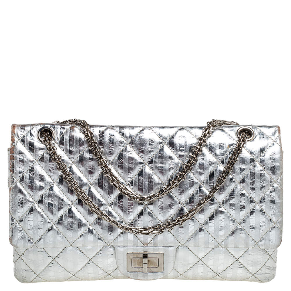 Chanel Silver Striped Quilted Leather Reissue 2.55 Classic 227 Flap Bag