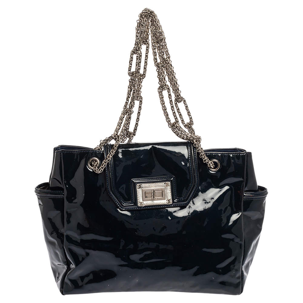 Pre Owned Chanel Dark Blue Patent Leather Giant Reissue Lock Chain Link Tote