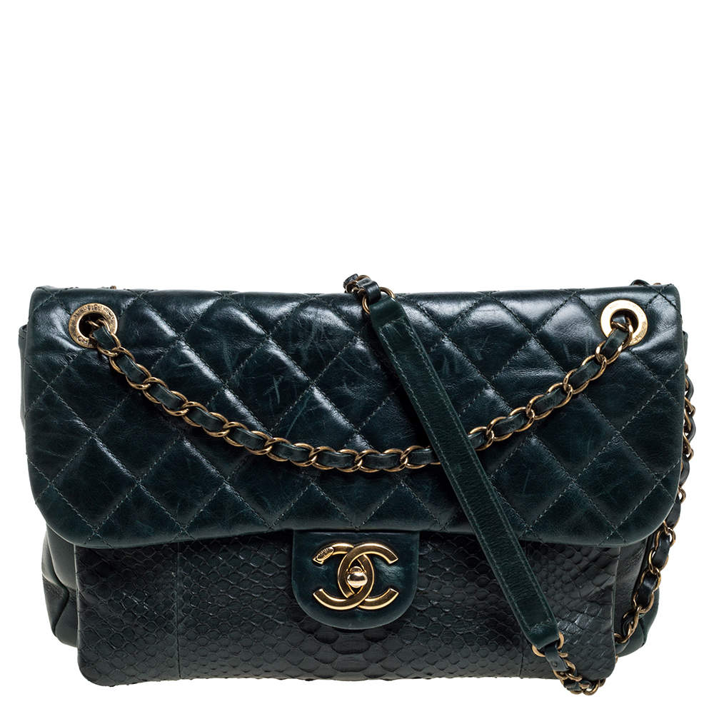 Pre Owned Chanel Dark Green Quilted Leather and Python Urban Mix Flap Bag