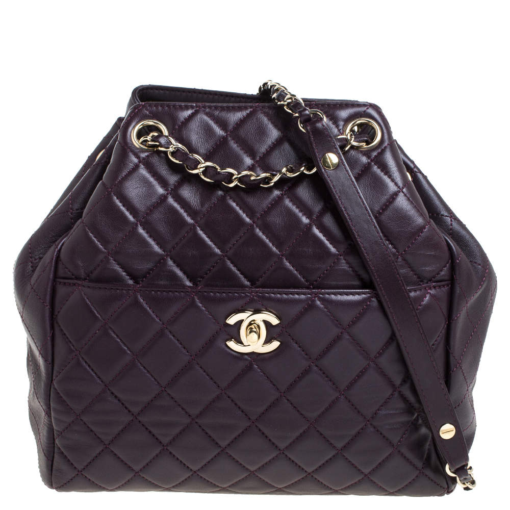 Pre Owned Chanel Plum Quilted Leather Timeless Classic Drawstring Bag