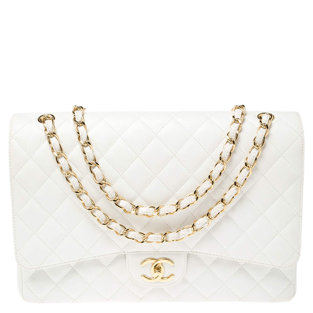 Chanel White Quilted Caviar Leather Maxi Classic Double Flap Bag