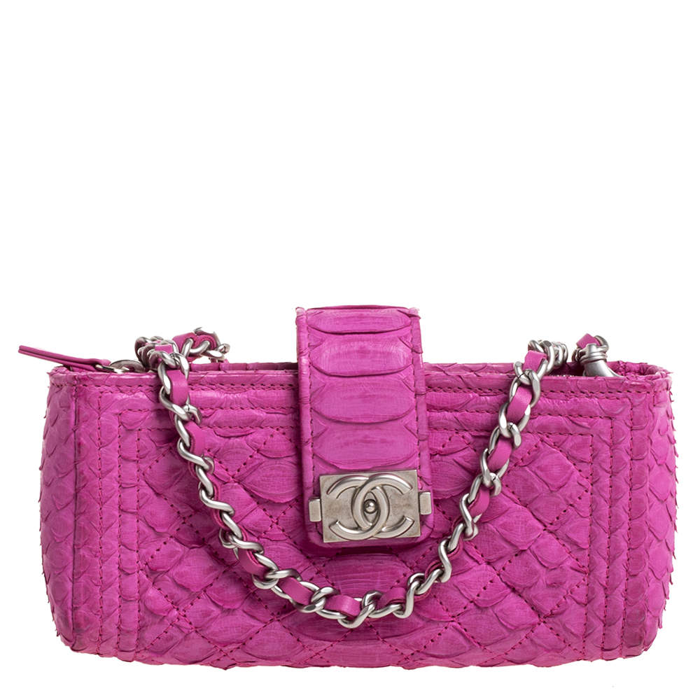 Chanel Pink Python Phone Holder Chain Clutch