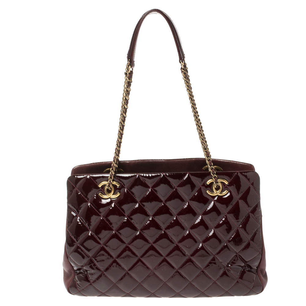 Chanel Wine Red Quilted Patent Leather Large CC Eyelet Tote