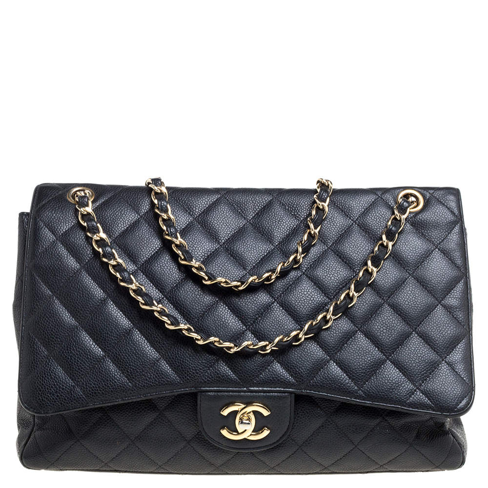 Pre Owned Chanel Black Quilted Caviar Leather Maxi Classic Double Flap Bag
