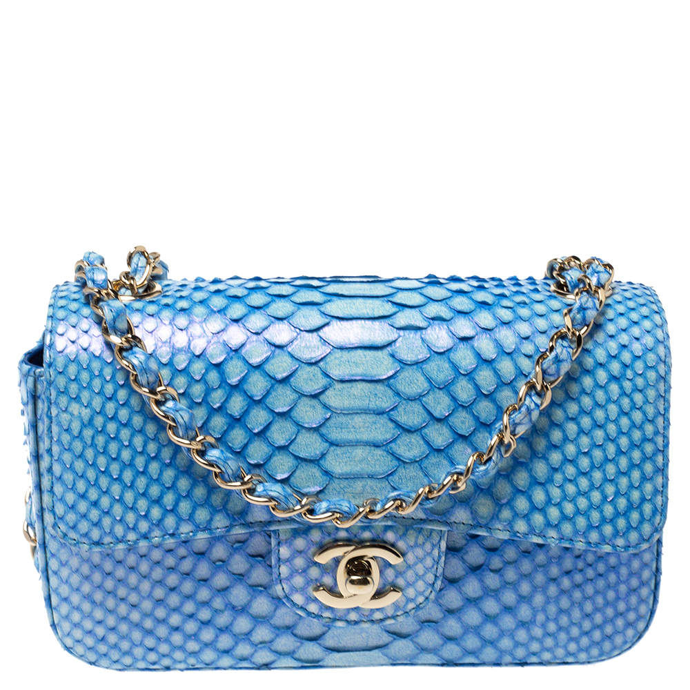 Chanel Blue Shimmer Python New Mini Classic Single Flap Bag