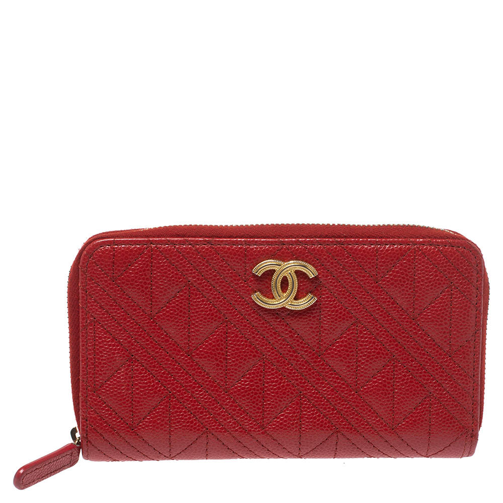 مملوكة مسبقًا Chanel Red Caviar Leather CC Zip-Around Wallet