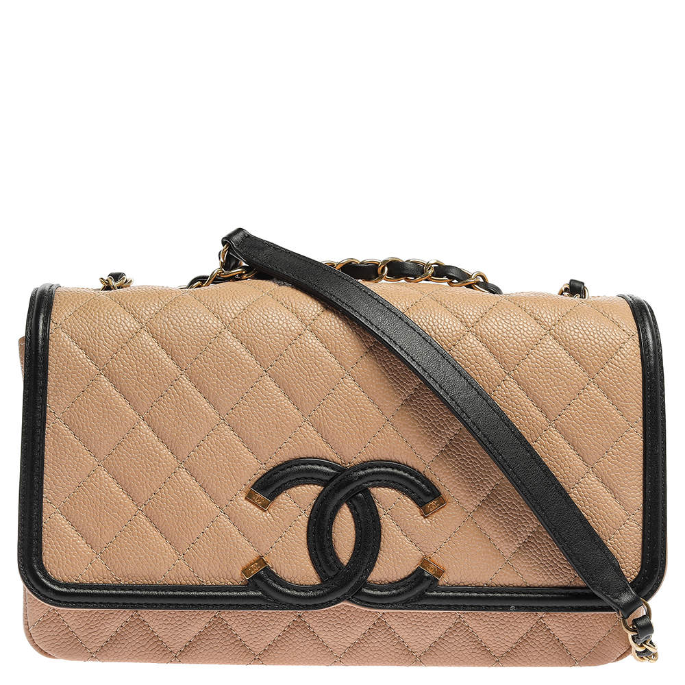 Chanel Beige/Black Caviar Leather CC Filigree Flap Bag
