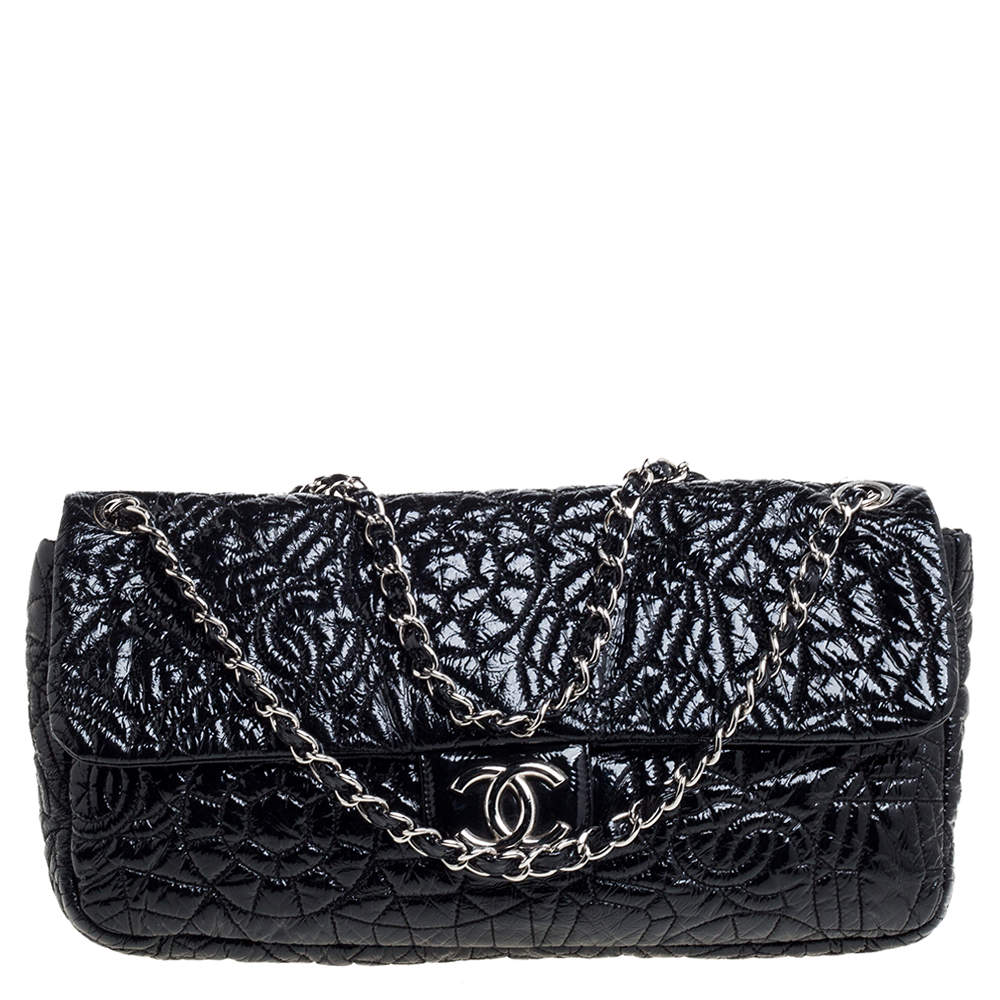 Chanel Black Camellia Embossed Patent Leather Classic Single Flap Bag