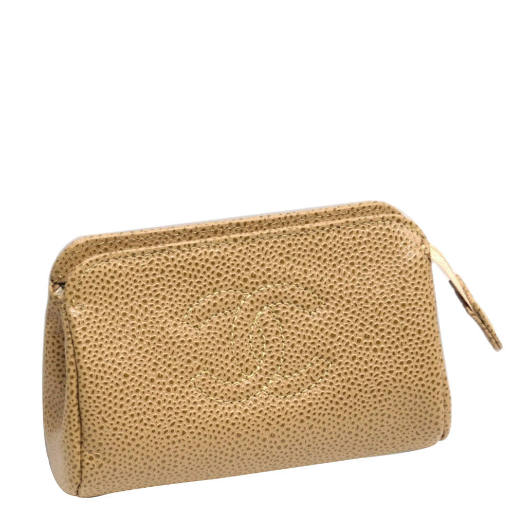 Pre Owned Chanel Beige Caviar Leather Vintage CC Coin Pouch 