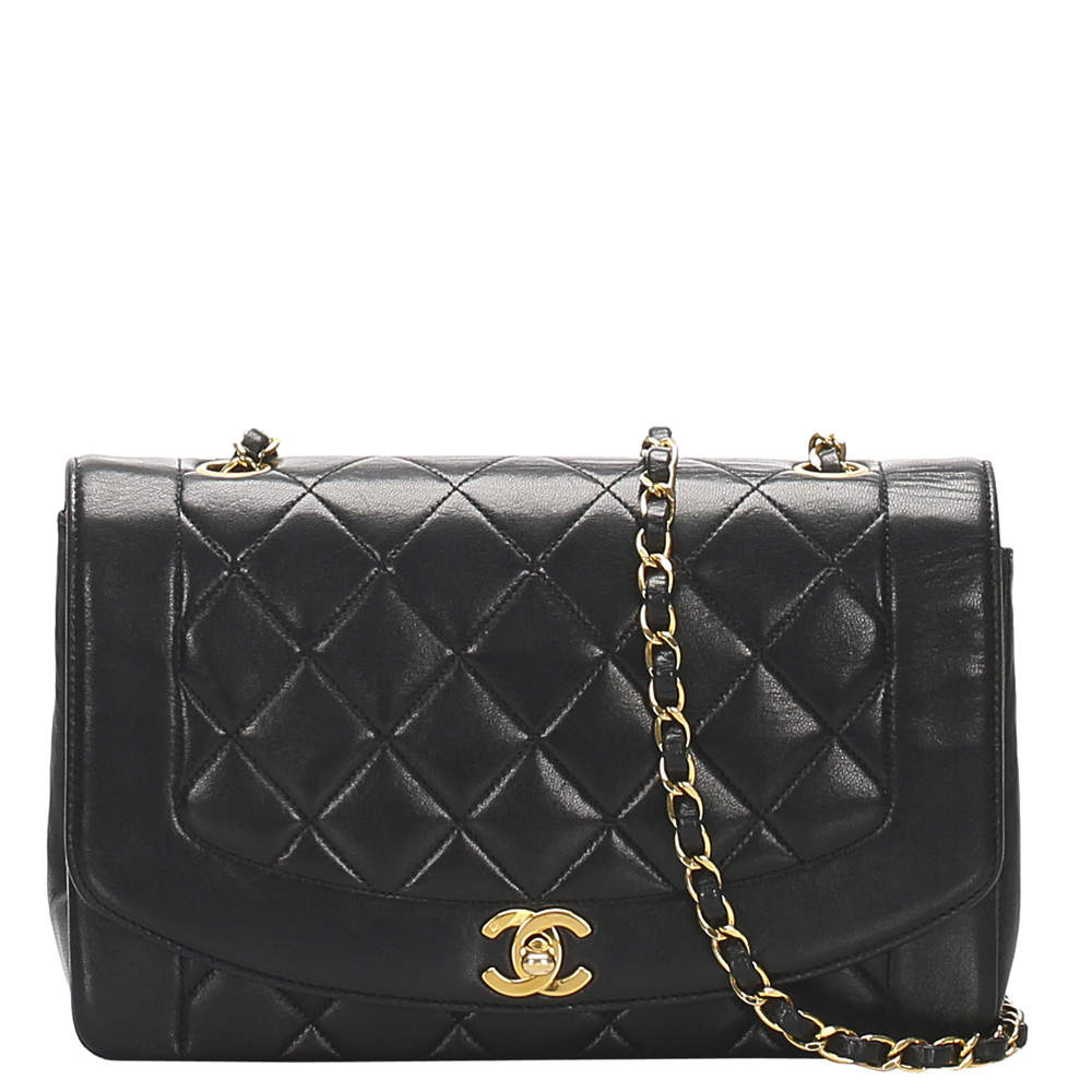 Pre Owned Chanel Black Lambskin Leather Vintage Diana Flap Bag