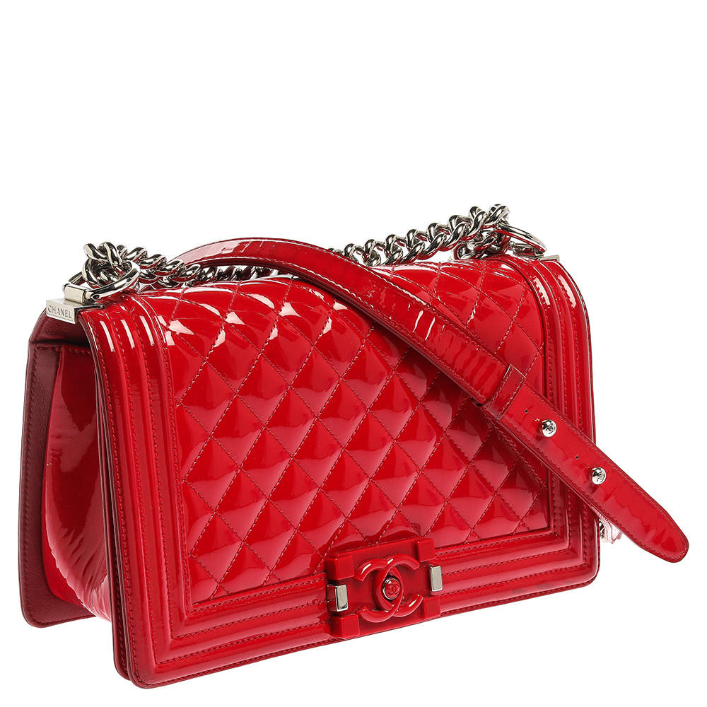 Chanel Red Quilted Patent Leather Medium Boy Flap Bag Chanel