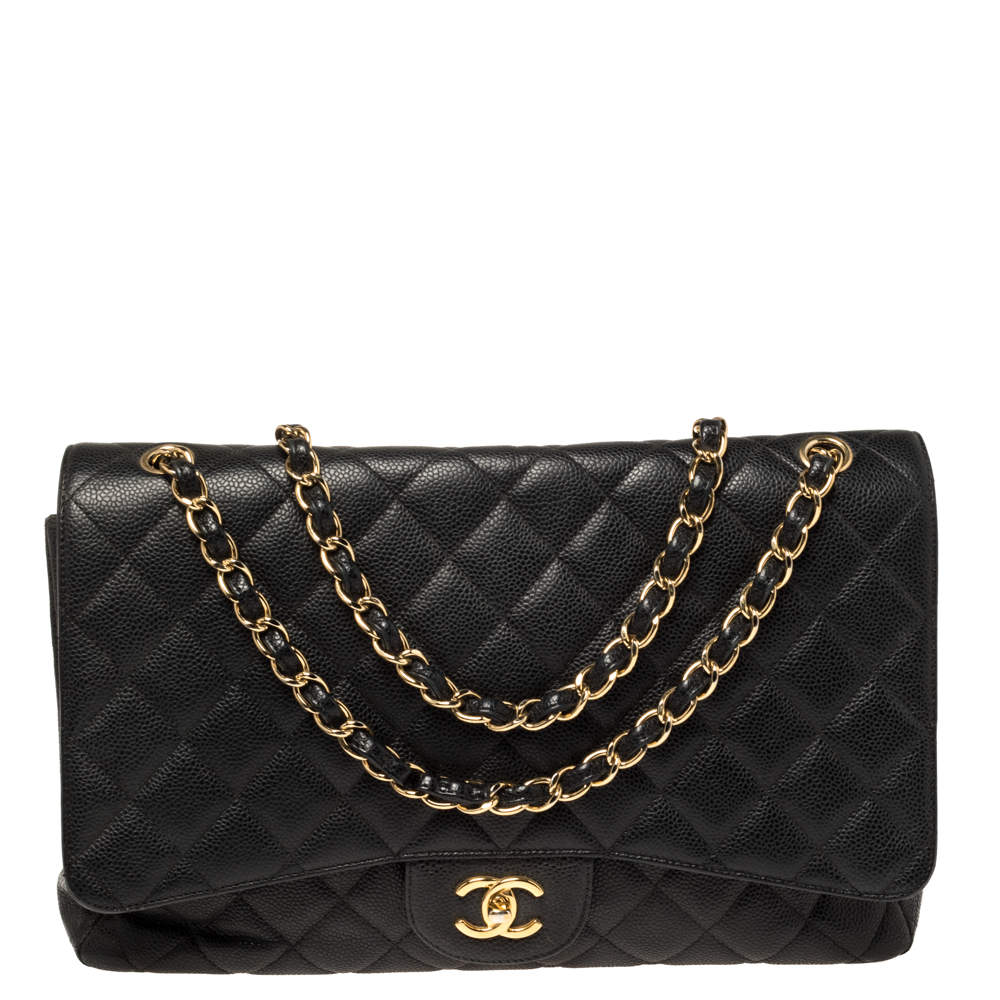 Pre Owned Chanel Black Quilted Caviar Leather Maxi Classic Single Flap Bag