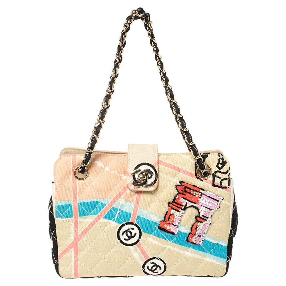 Pre Owned Chanel Multicolor Print Quilted Canvas Arc De Triomphe Shoulder Bag