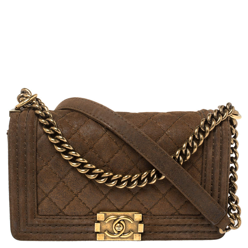 Pre Owned Chanel Brown Quilted Nubuck Leather Medium Boy Shoulder Bag