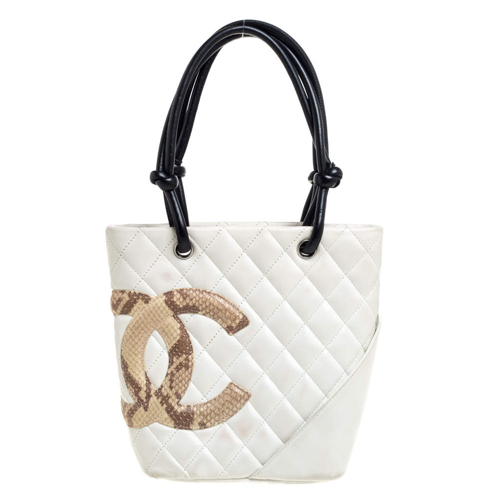 Chanel White Quilted Leather And Python Embossed Trimmed Ligne Cambon Tote