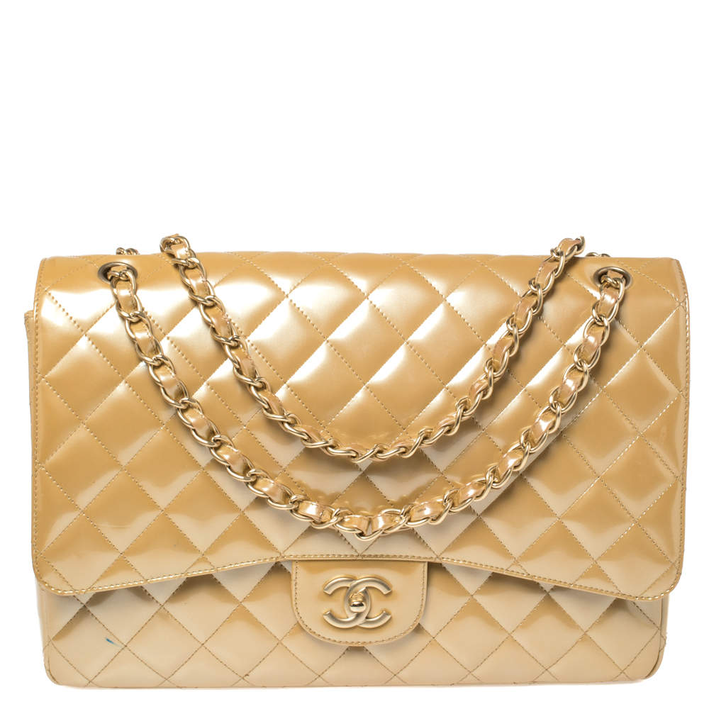 Chanel Beige Quilted Patent Leather Maxi Classic Single Flap Bag