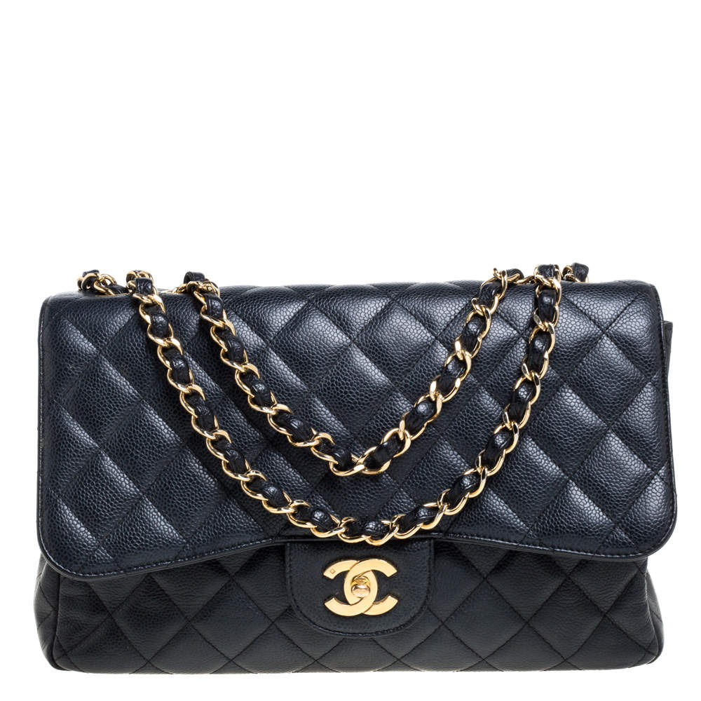 Chanel Black Quilted Caviar Leather Jumbo Classic Single Flap Bag ...