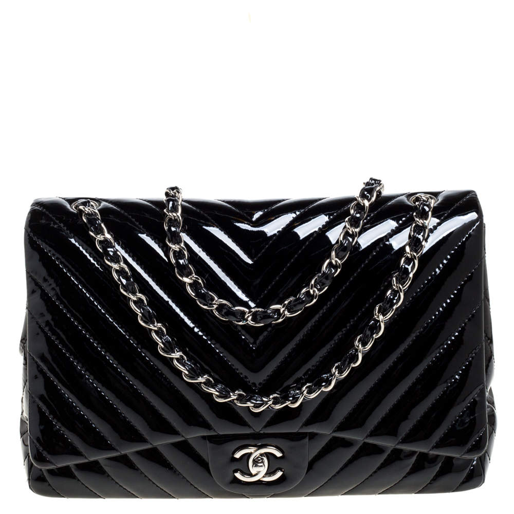 Chanel Black Chevron Patent Leather Maxi Classic Single Flap Bag Chanel ...