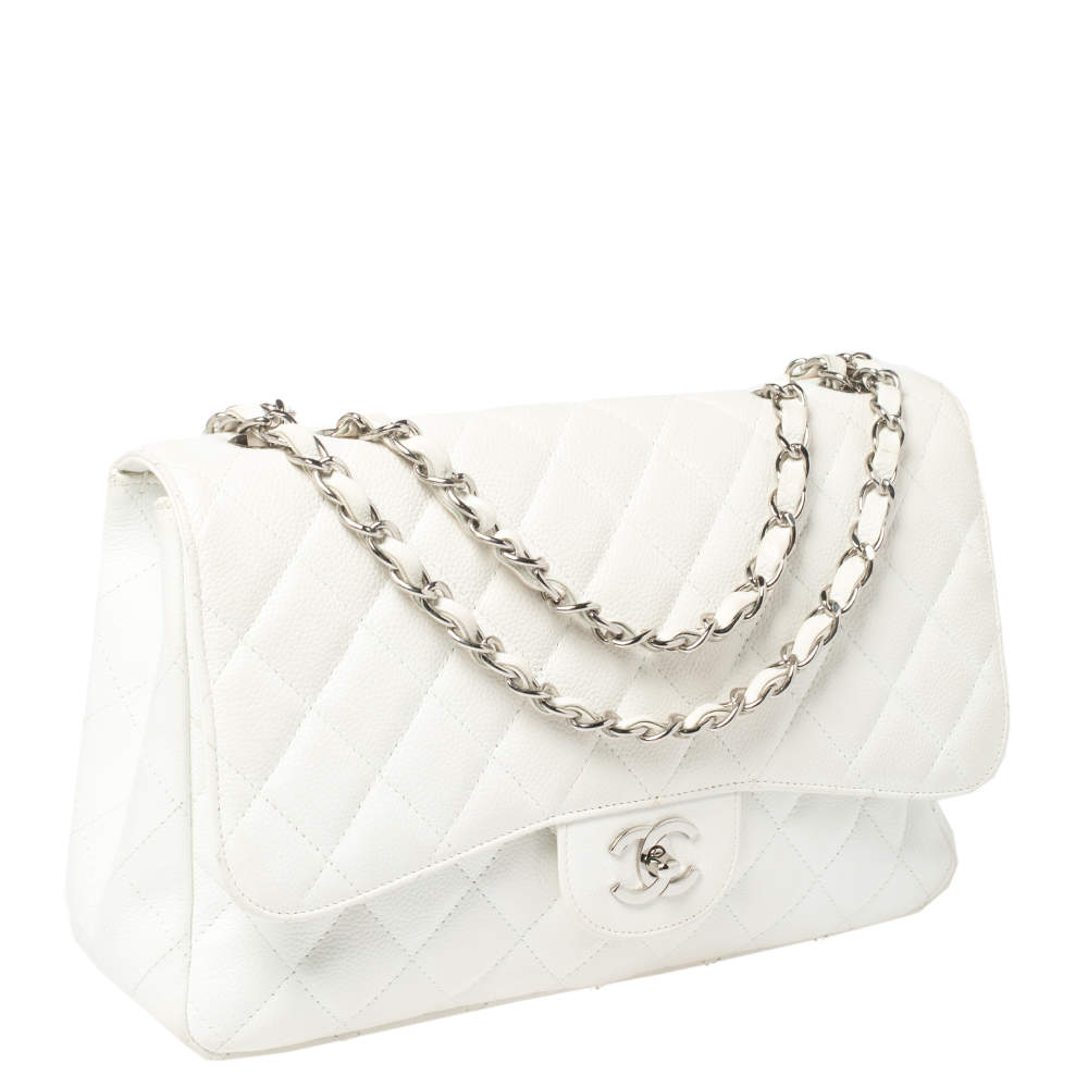 Chanel White Quilted Caviar Leather Jumbo Classic Single Flap Bag Chanel
