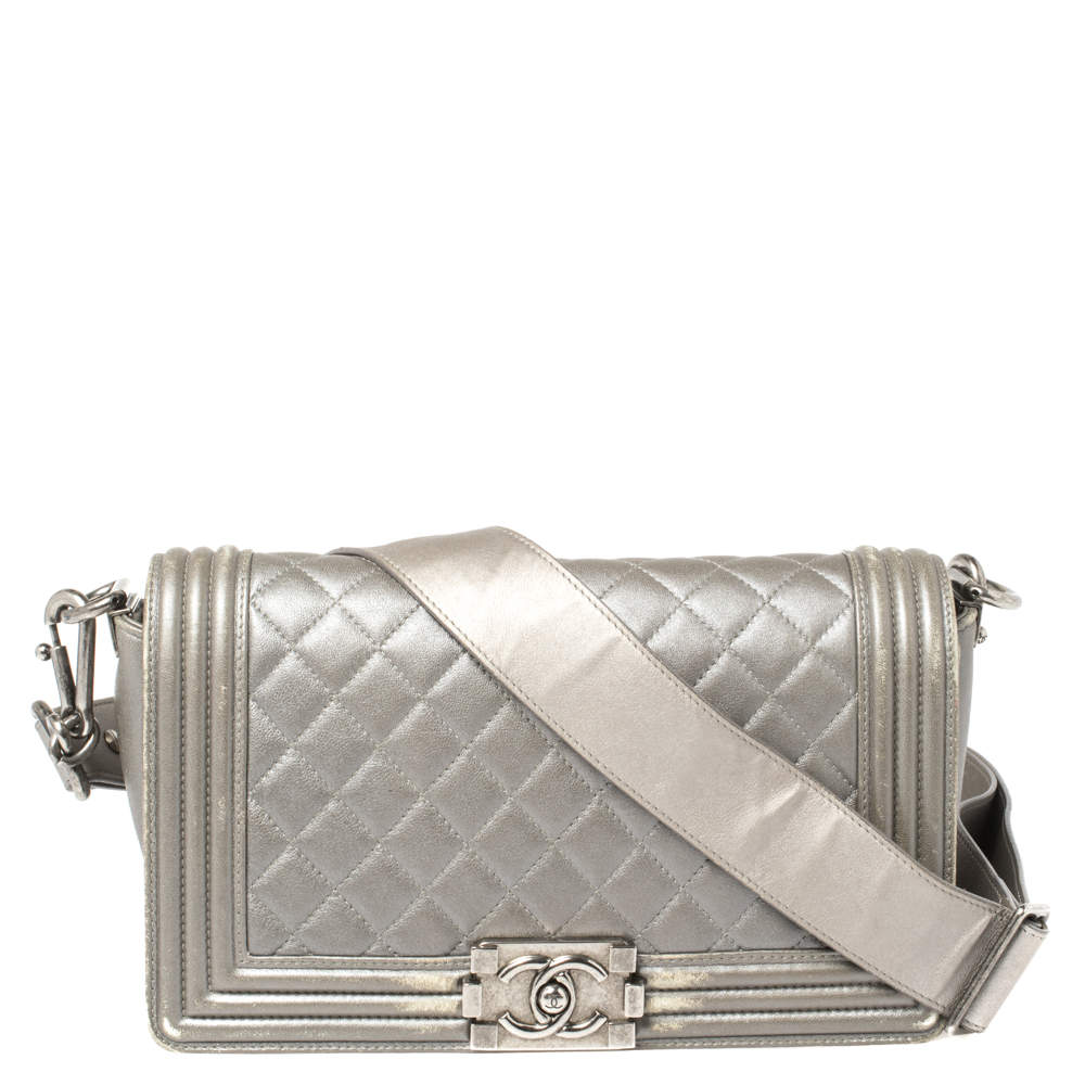 Chanel Grey Quilted Leather and Stingray Trim Medium Boy Flap Bag