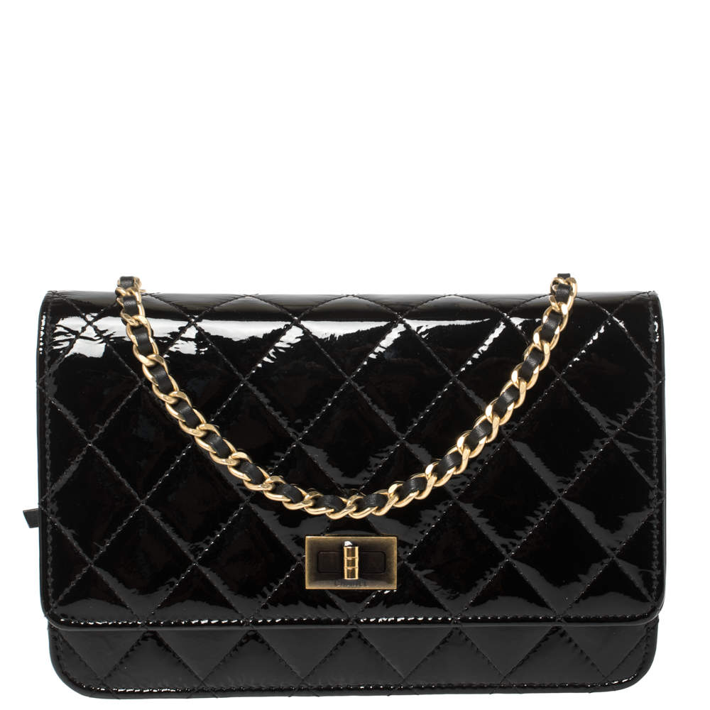 Chanel Black Quilted Patent Leather Reissue Wallet On Chain