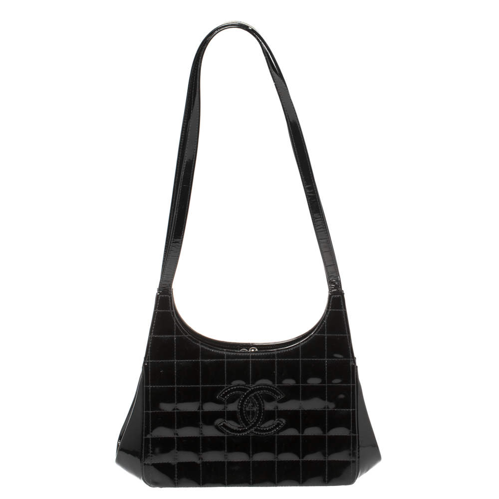 Chanel Black Patent Leather Vintage Chocolate Bar Kisslock Shoulder Bag ...
