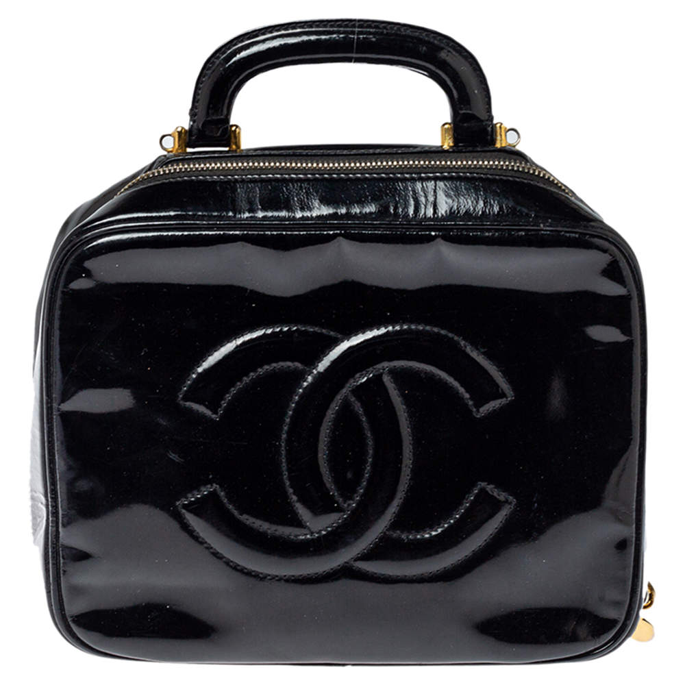 Chanel Black Patent Leather Vintage CC Vanity Case Top Handle Bag