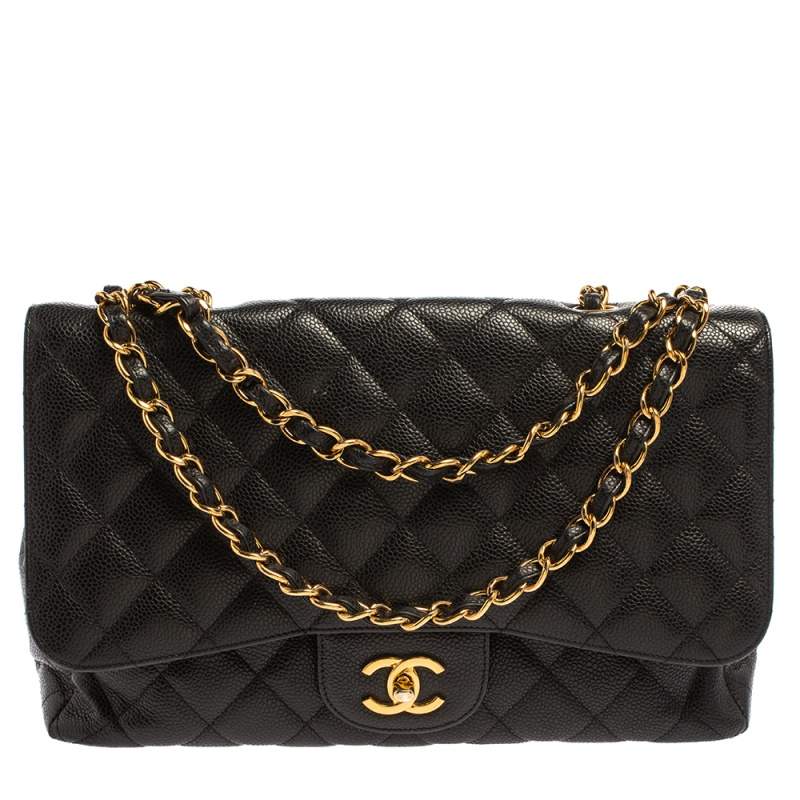 Pre Owned Chanel Black Quilted Caviar Leather Jumbo Classic Single Flap Bag