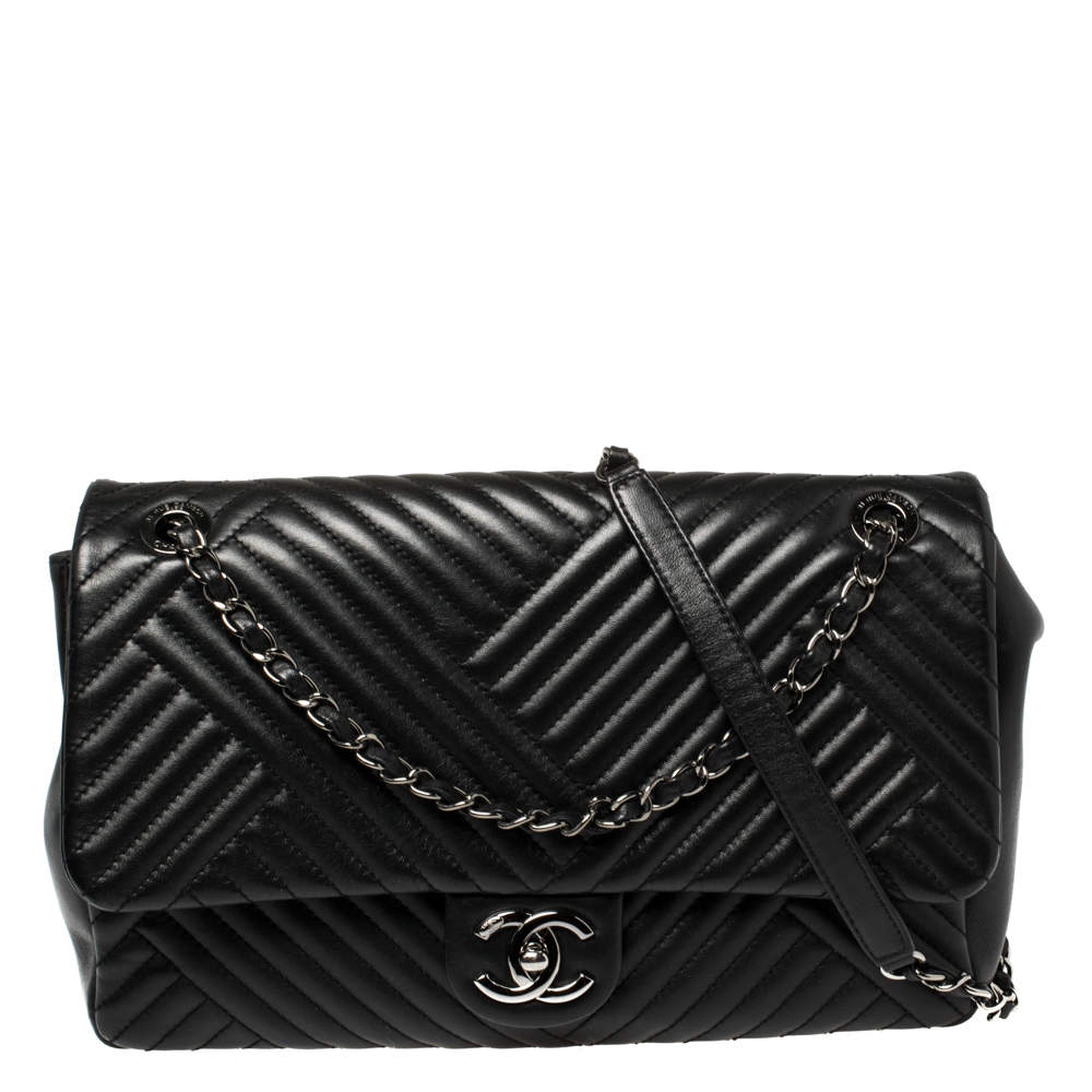 Pre Owned Chanel Black Chevron Quilted Leather Large CC Crossing Flap Bag