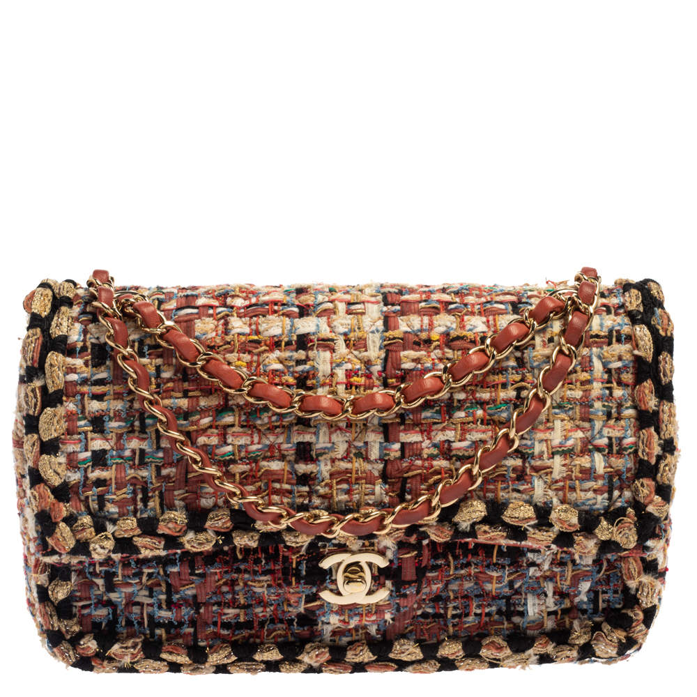 Pre Owned Chanel Multicolor Quilted Tweed Medium Classic Double Flap Shoulder Bag