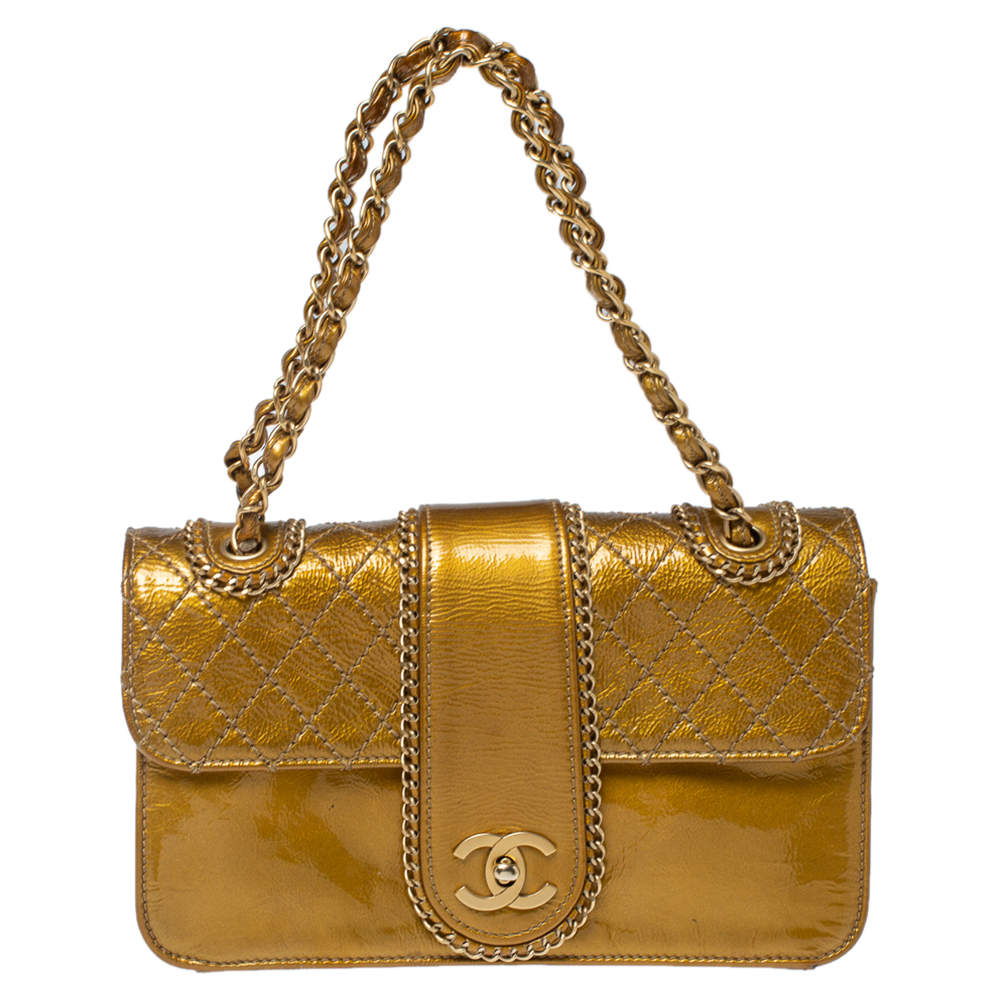 مملوكة مسبقًا Chanel Gold Quilted Patent Leather Medium Madison Flap Bag