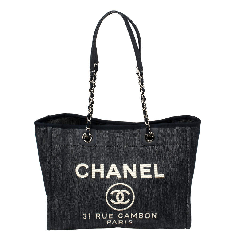 Chanel Navy Blue Denim Medium Deauville Shopper Tote Chanel The