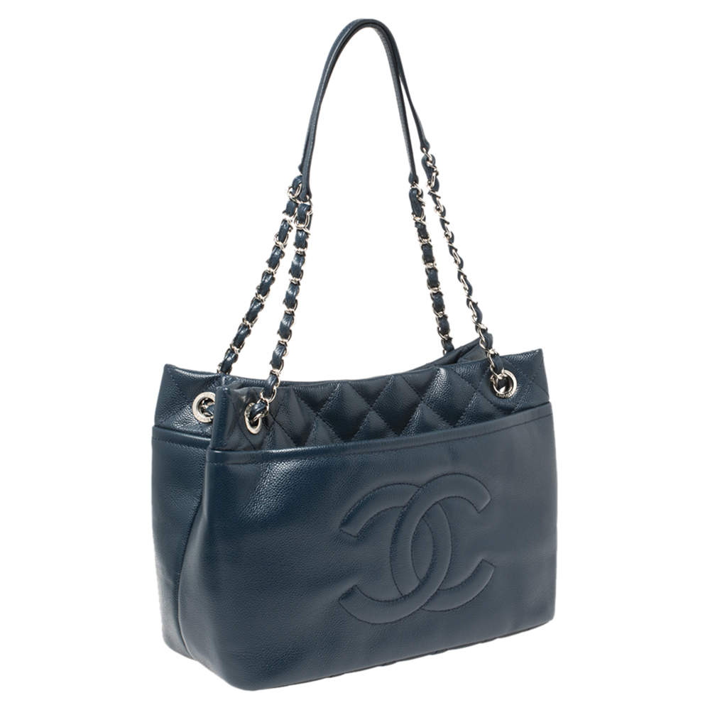 Chanel Blue Quilted Caviar Leather Timeless CC Soft Shopper Tote