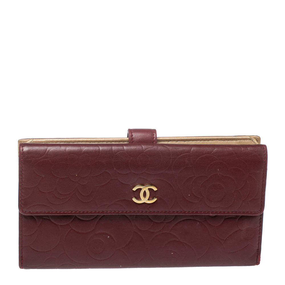 Chanel Burgundy Camellia Embossed Leather Flap Wallet