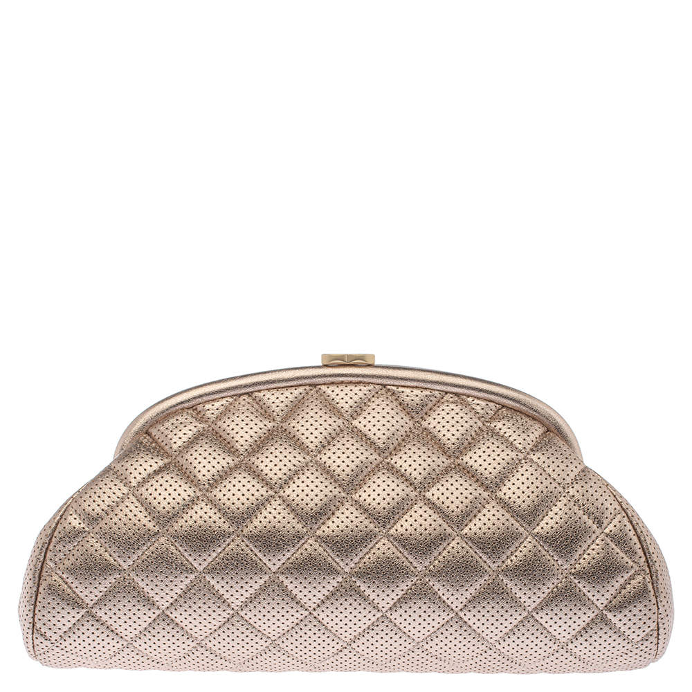 Pre Owned Chanel Light Rose Gold Perforated Leather CC Timeless Clutch