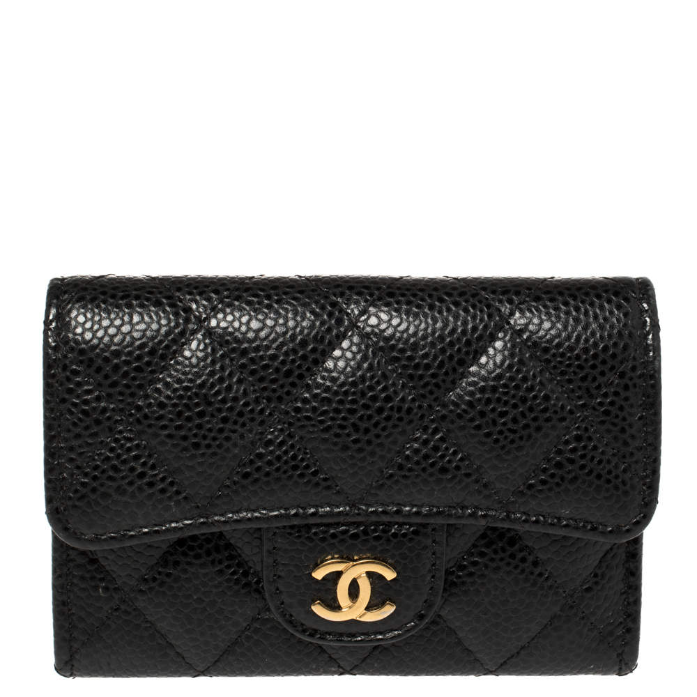 Pre Owned Chanel Black Quilted Caviar Leather Card Holder 