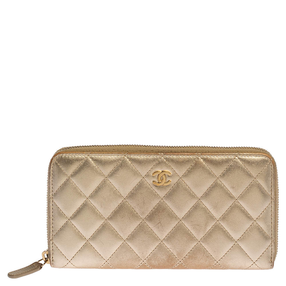 Pre Owned Chanel Gold Quilted Leather CC Zip Around Wallet