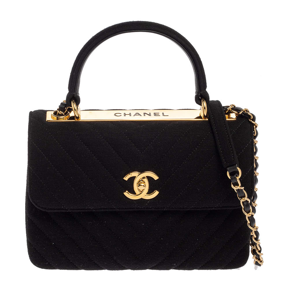 Chanel Black Chevron Jersey Small Trendy CC Flap Top Handle Bag