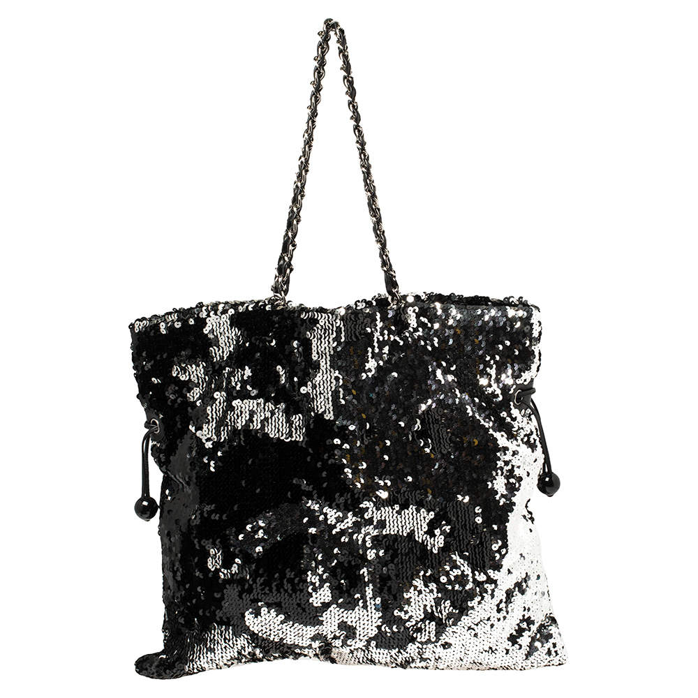 Pre Owned Chanel Black Sequins Embellished Summer Night Drawstring Bag