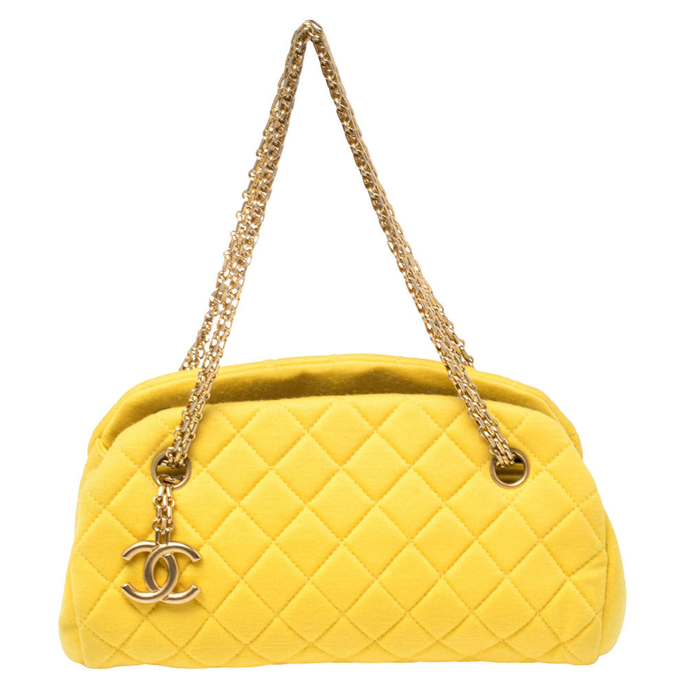 Pre Owned Chanel Yellow Quilted Jersey Small Just Mademoiselle Bowler Bag