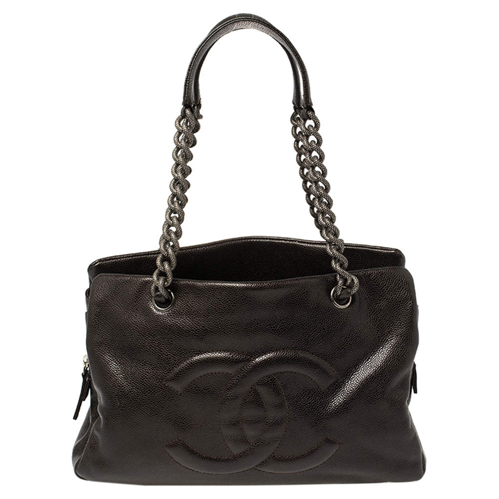 Pre Owned Chanel Dark Brown Caviar Leather CC Chain Tote