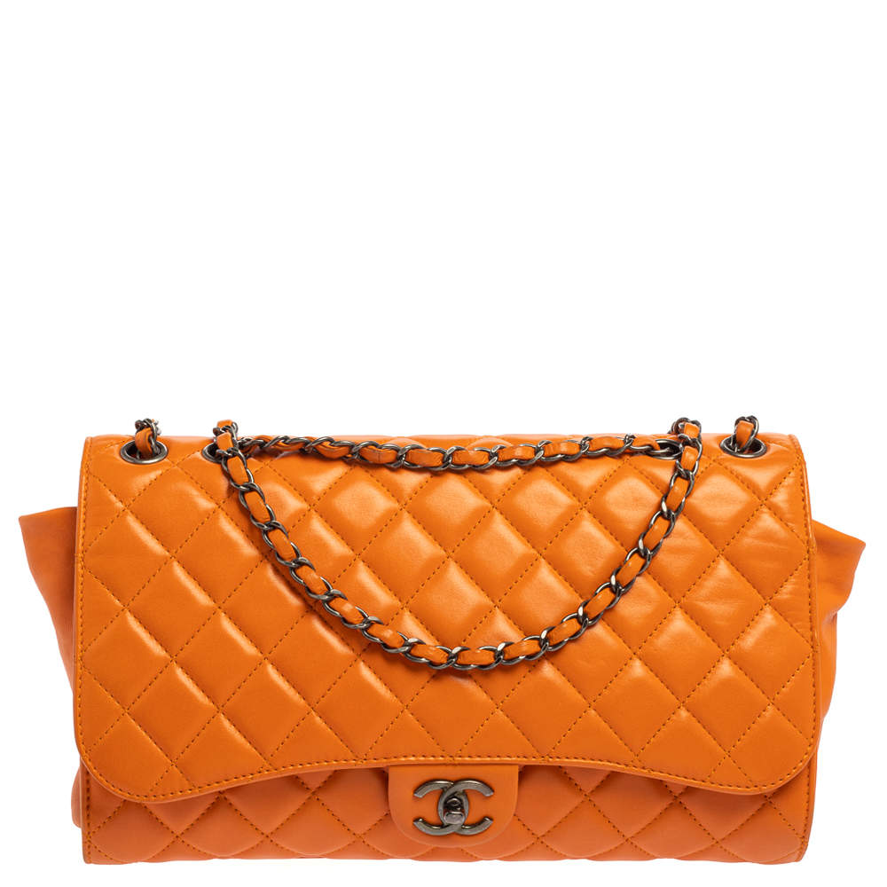 Chanel Orange Leather Grocery By Chanel Drawstring Flap Bag