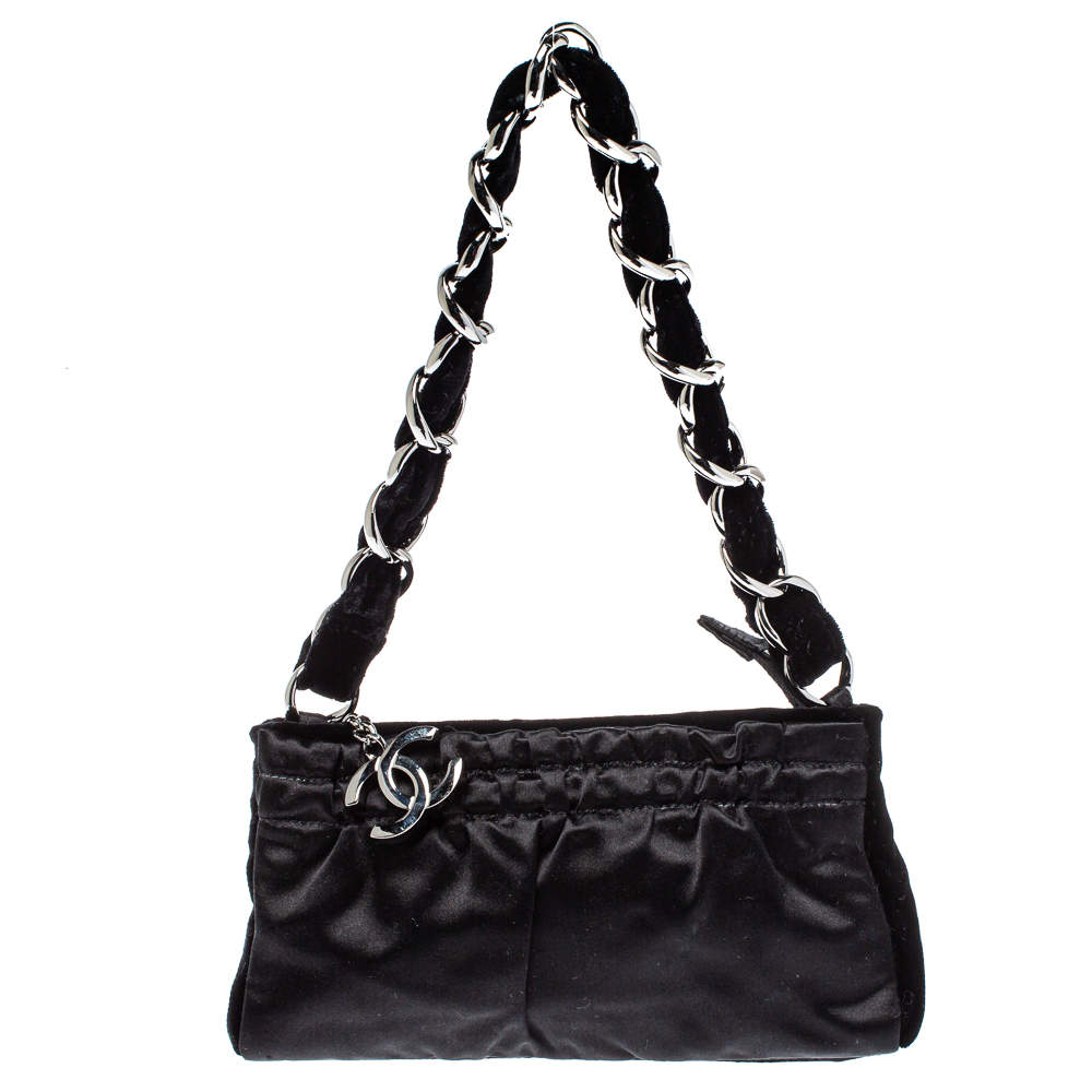 Pre Owned Chanel Black Satin and Velvet Chain Clutch Bag
