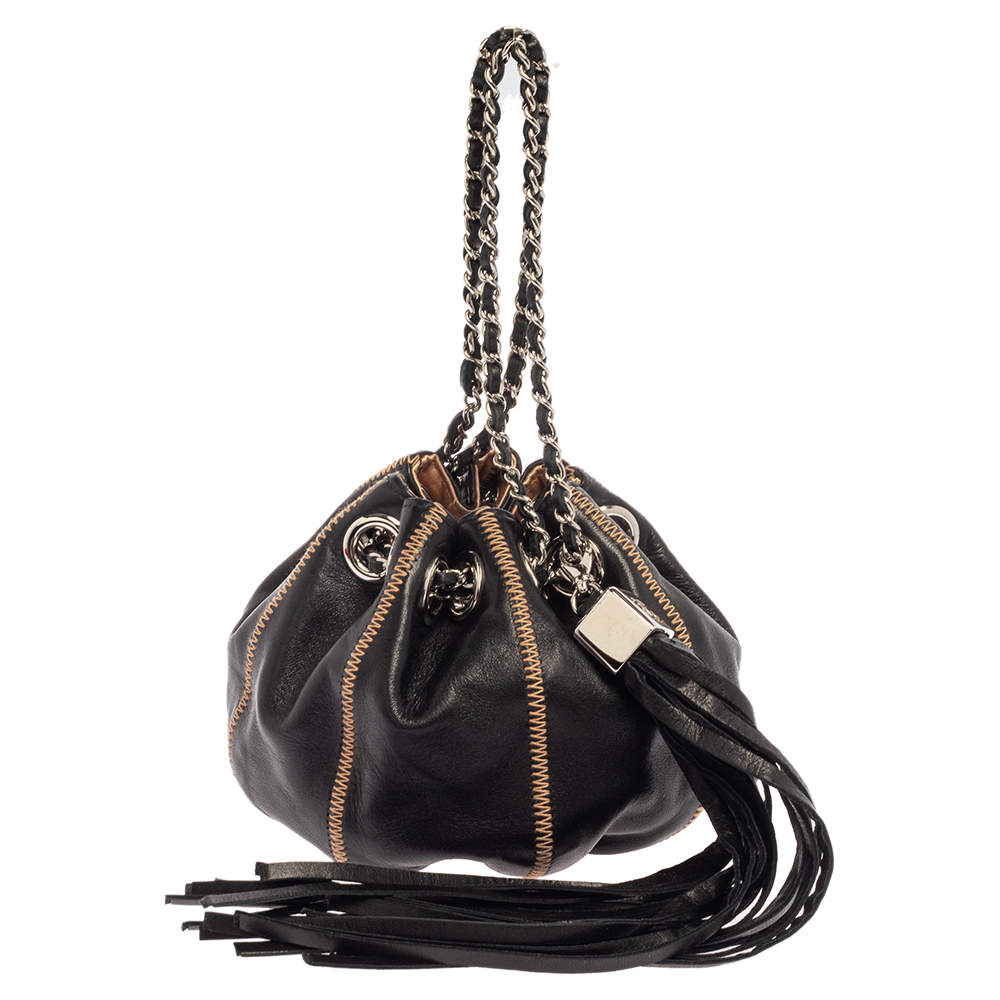 Chanel Black/Peach Leather Reversible Drawstring Tassel Bag