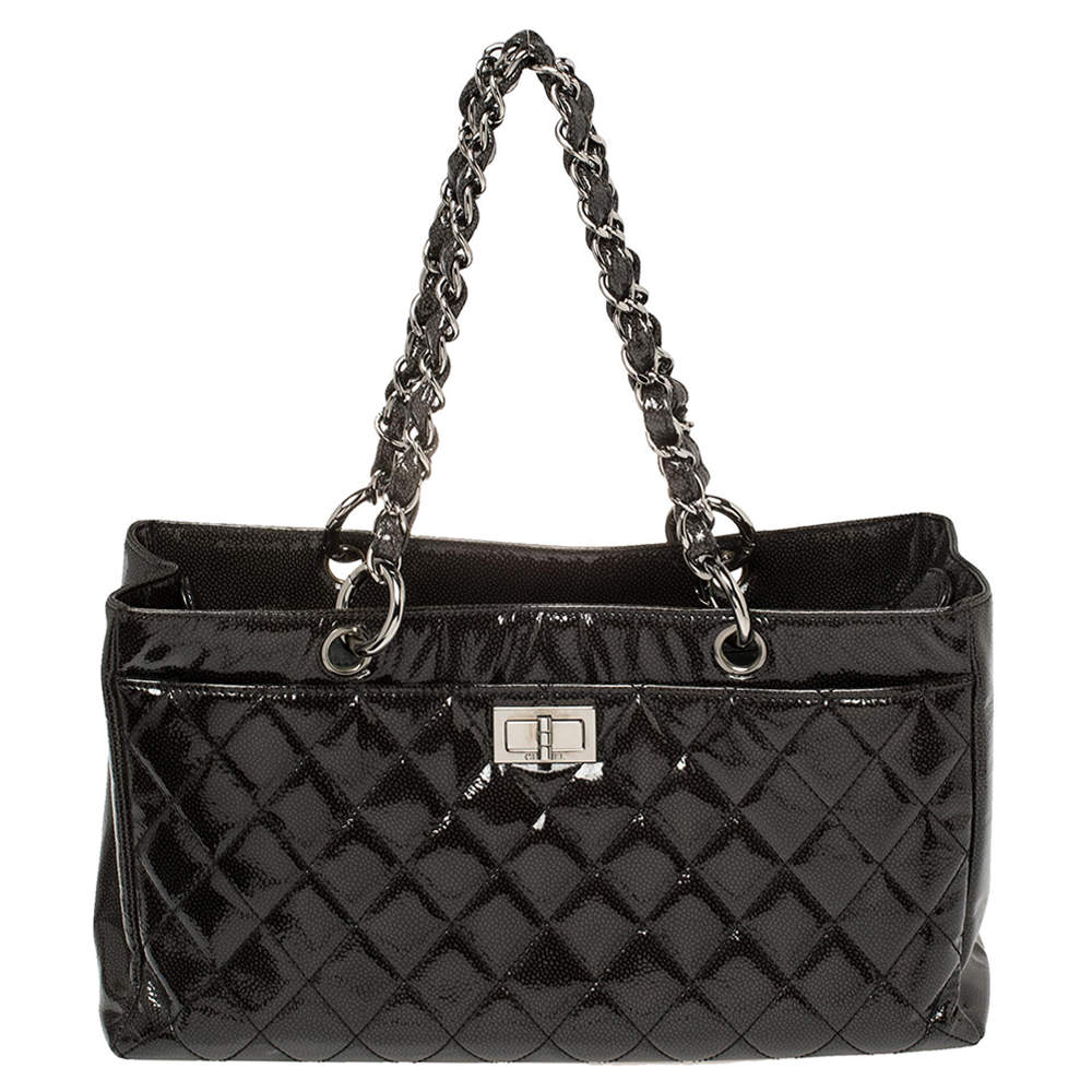 Chanel Dark Grey Quilted Patent Caviar Leather Reissue Tote