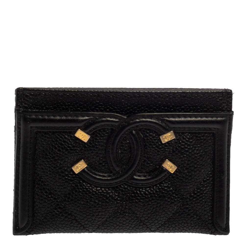 Chanel Black Quilted Caviar Leather CC Filigree Card Holder