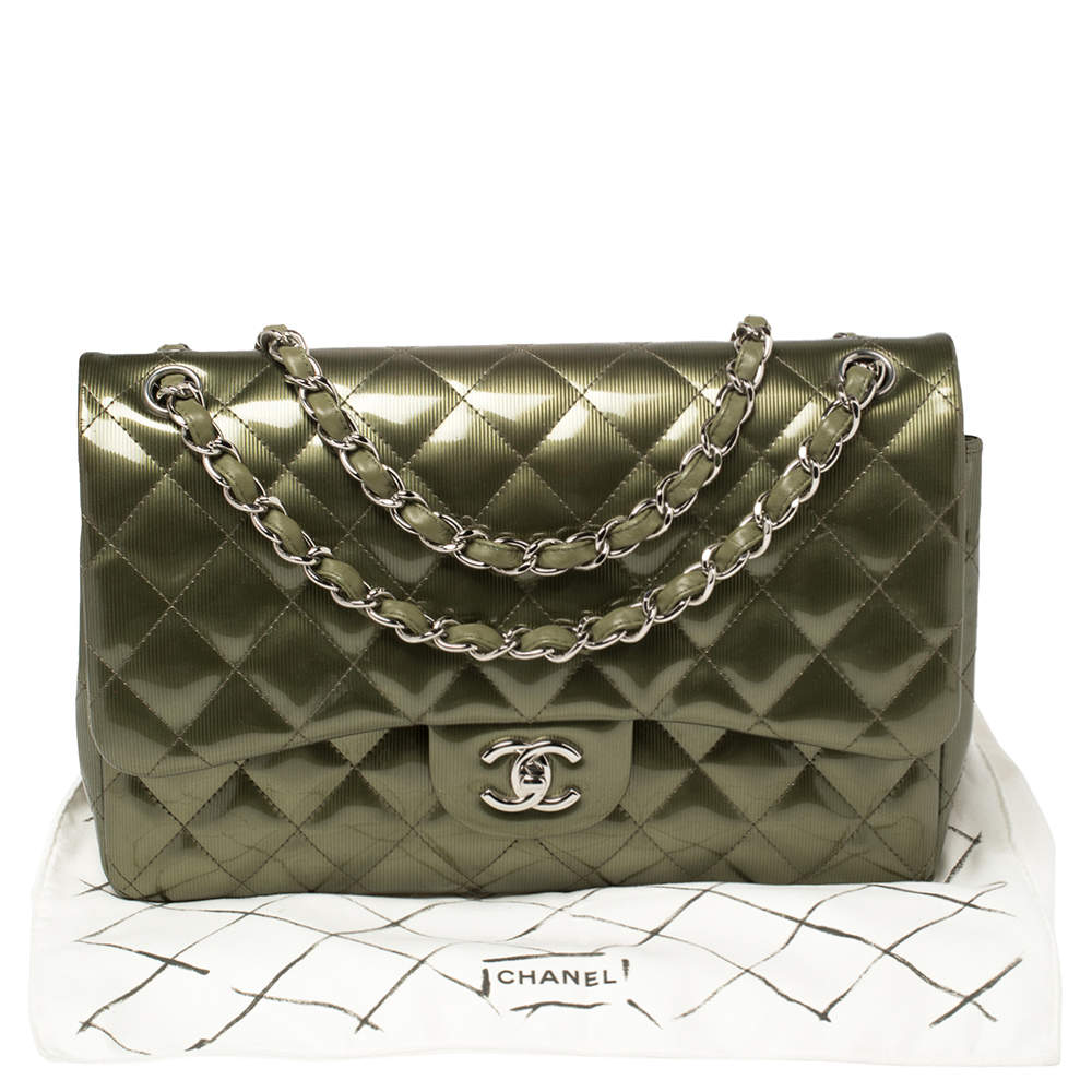 Chanel Green Striated Quilted Patent Leather Classic Jumbo Double Flap Bag  Chanel